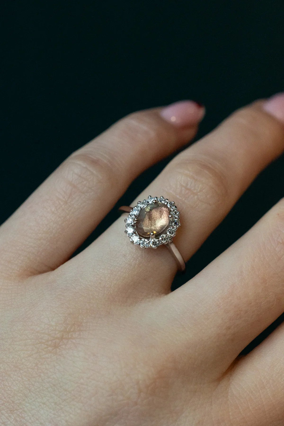 "Malina" - Oval Cut Oregon Sunstone Engagement Ring With Diamond Halo - 14K Yellow Gold - Size 6