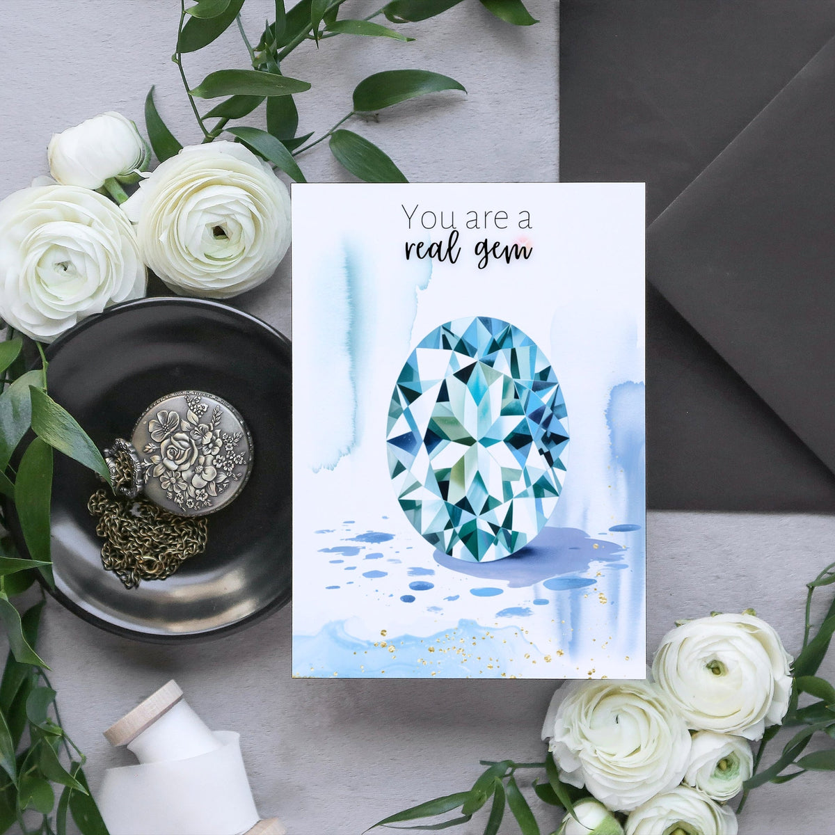 You are a real Gem | Watercolor Oval Aquamarine Greeting Card