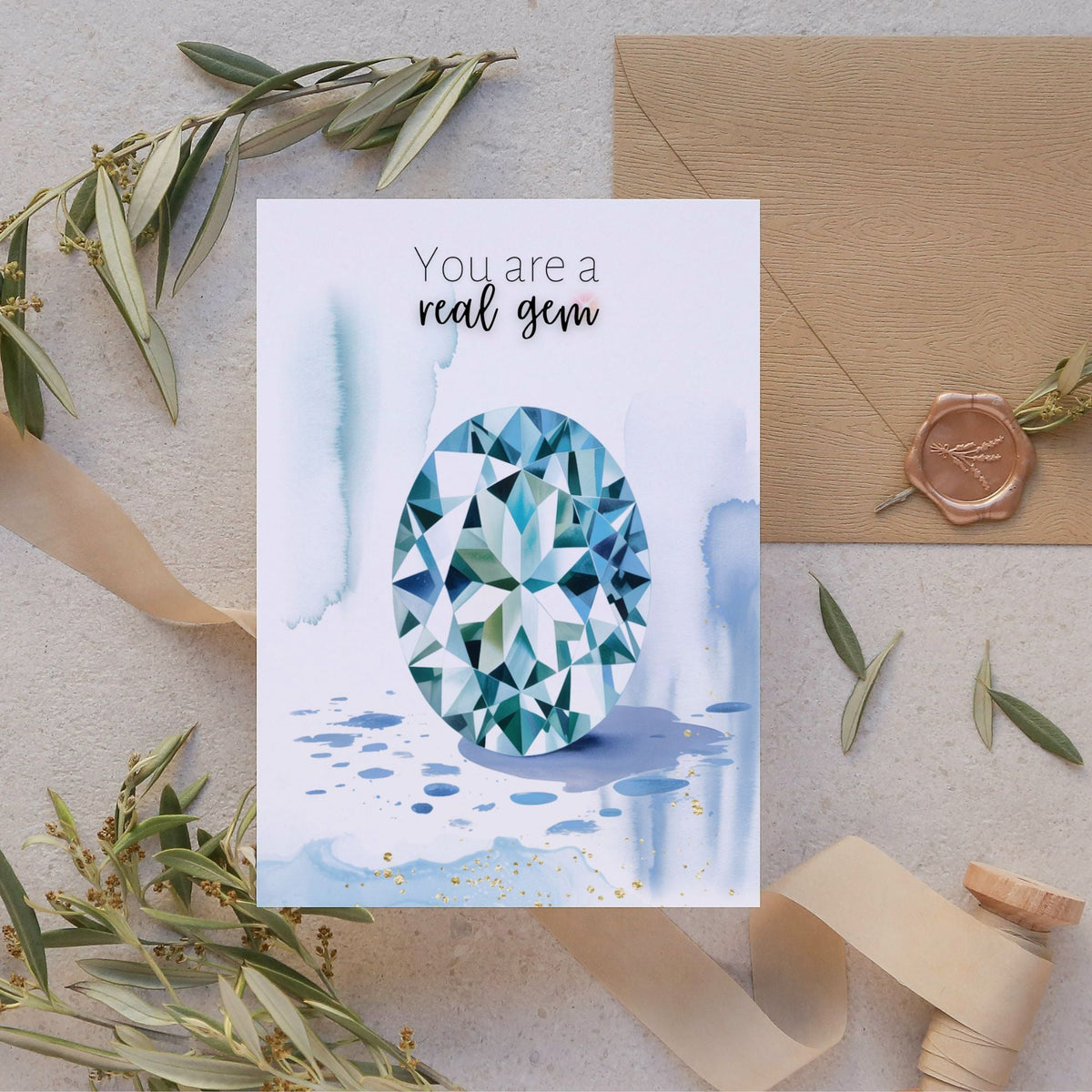 You are a real Gem | Watercolor Oval Aquamarine Greeting Card