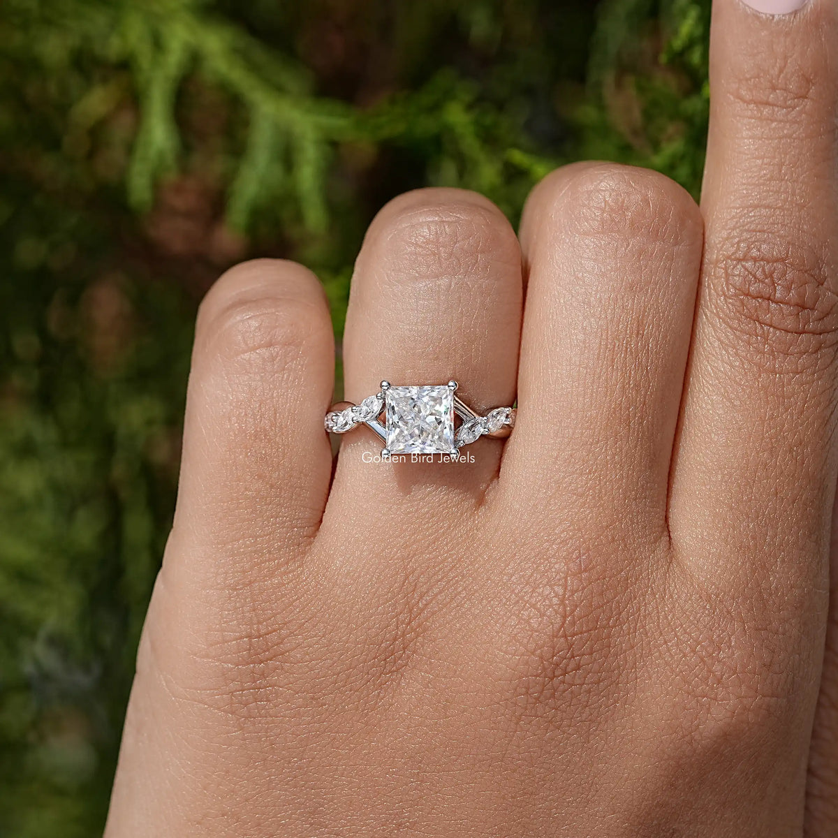 Colorless Square Cut Moissanite Floral Promise Ring