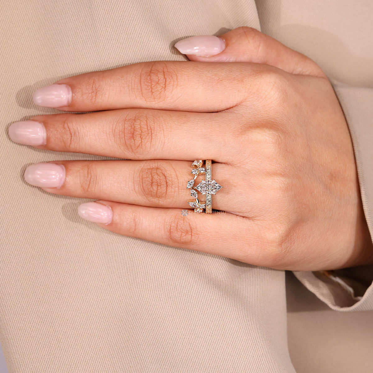 Dutch Marquise Wedding Ring in Ocean Waves Style