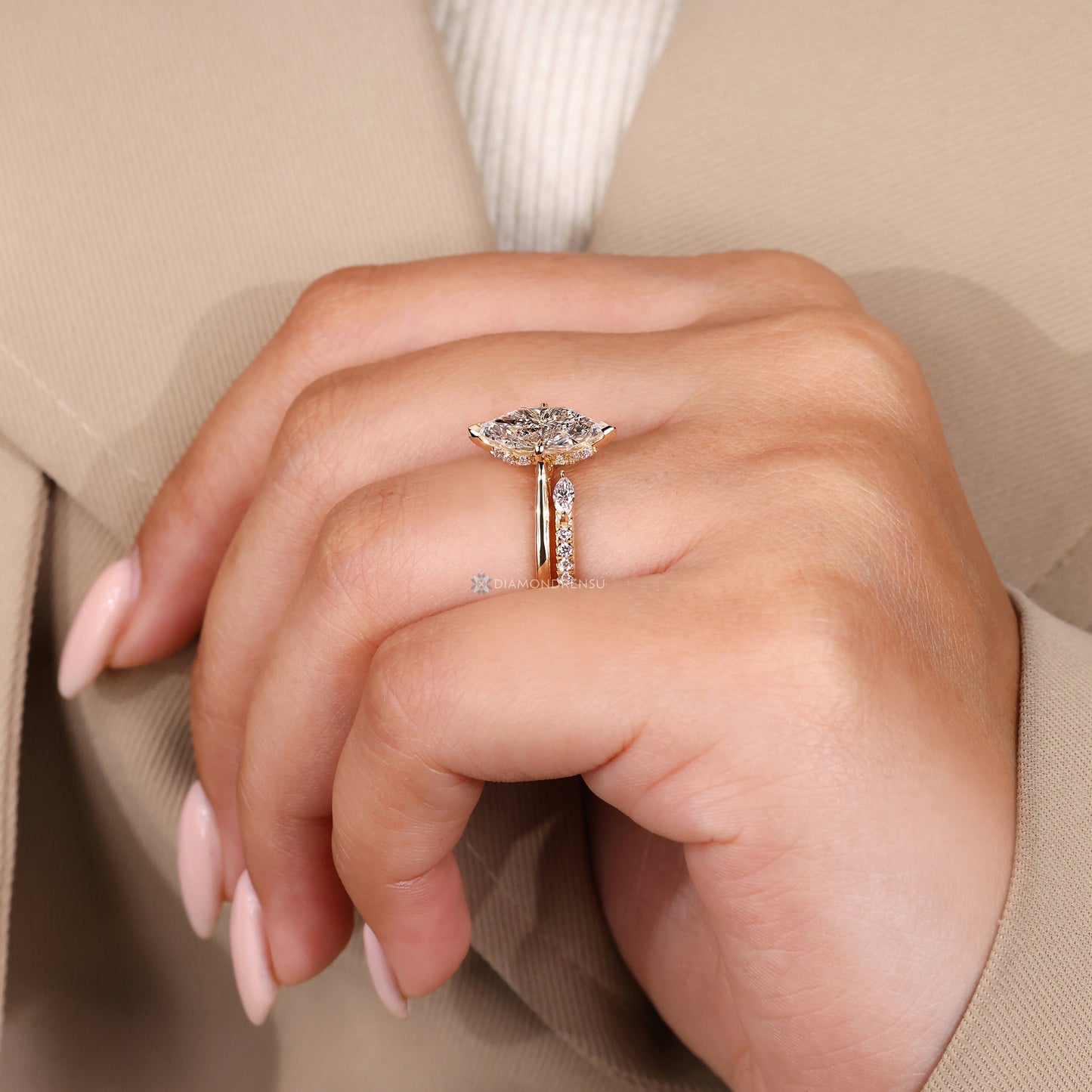 Dutch Marquise Wedding Ring with Marquise and Round Half Eternity Band