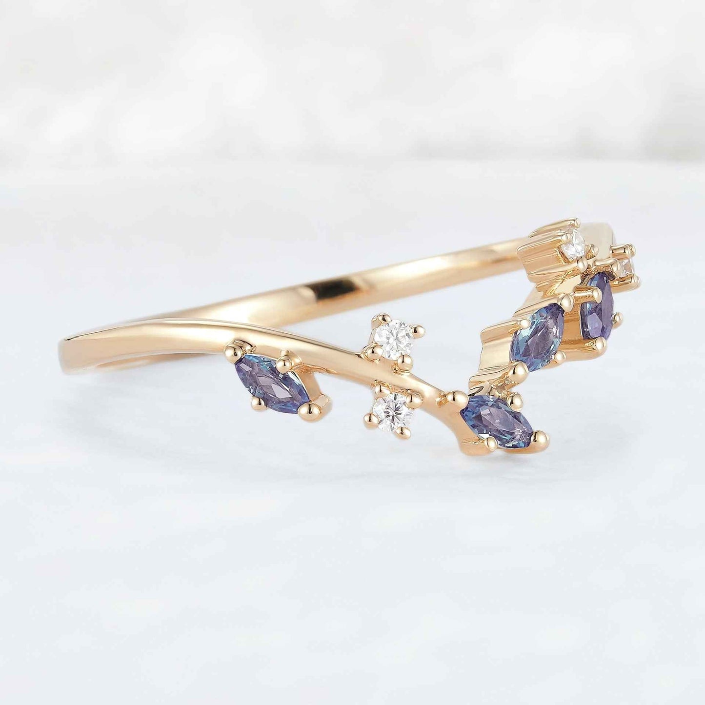 Marquise Cut Alexandrite 14k Yellow Gold Open Vine Stacking Ring