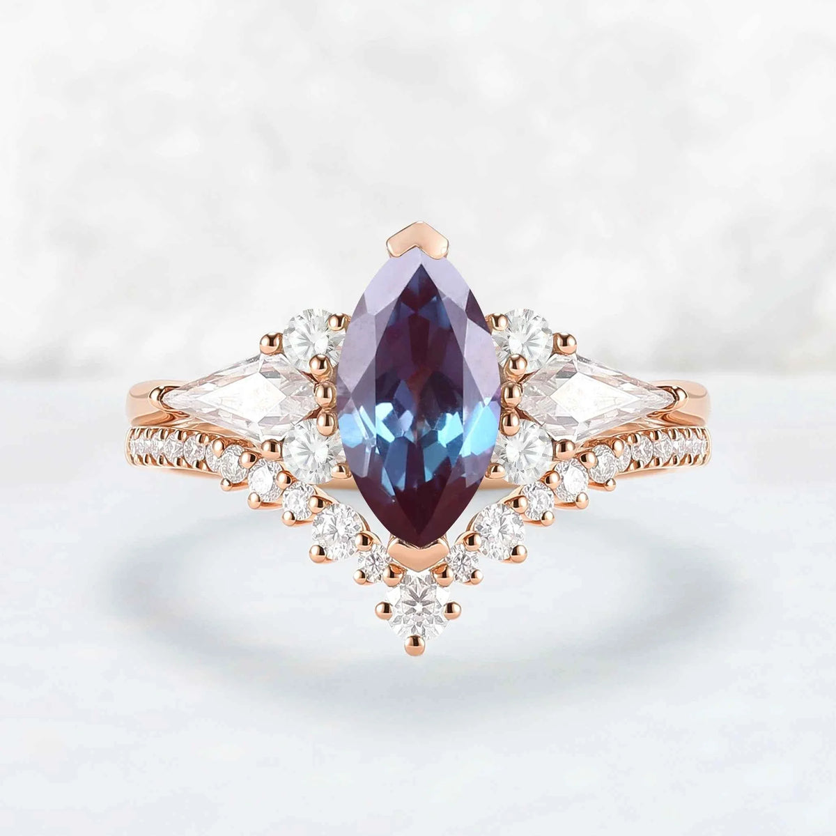 Unique Marquise Cut Alexandrite Cluster Engagement Ring Set 2pcs