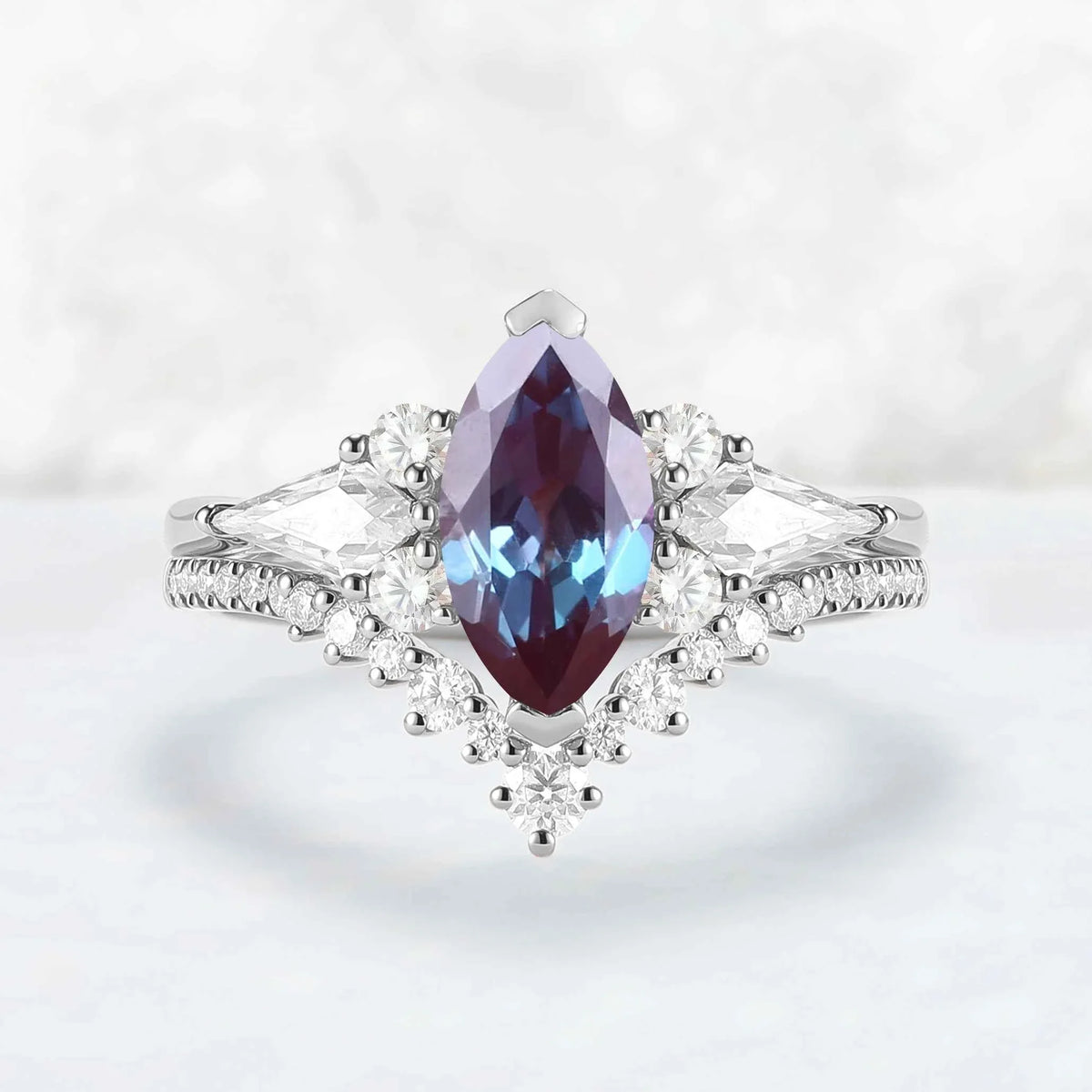 Unique Marquise Cut Alexandrite Cluster Engagement Ring Set 2pcs