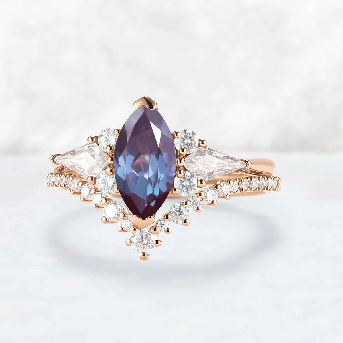 Unique Marquise Cut Alexandrite Cluster Engagement Ring Set 2pcs