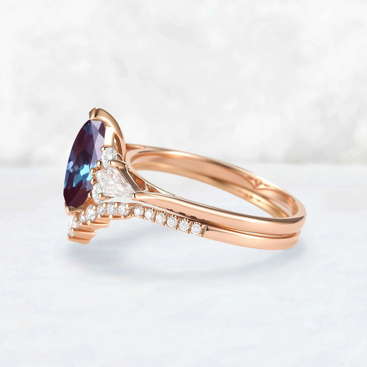 Unique Marquise Cut Alexandrite Cluster Engagement Ring Set 2pcs