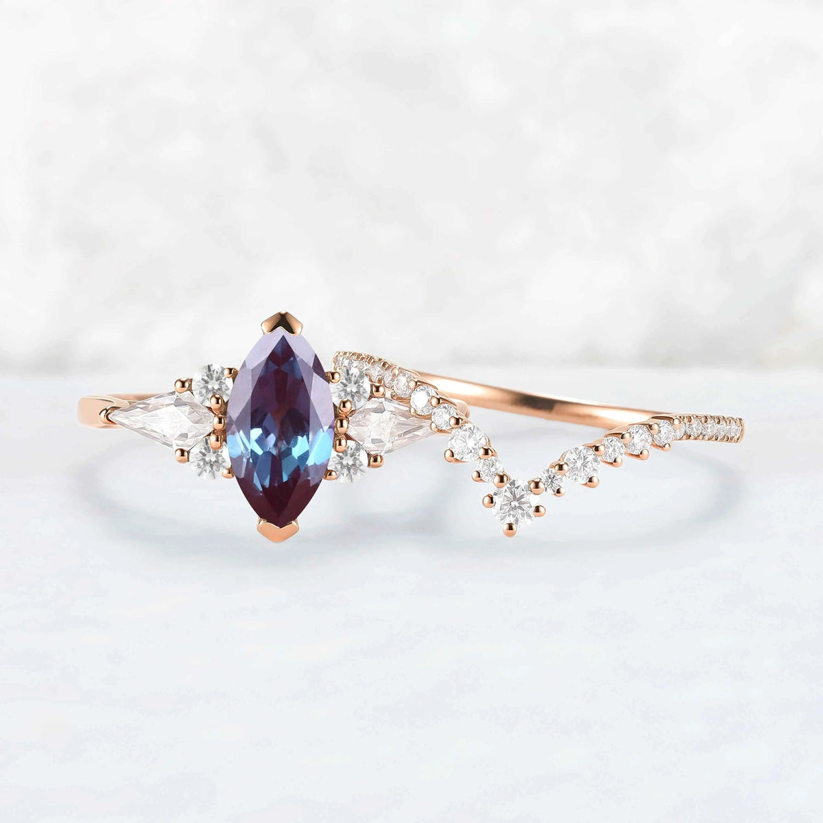 Unique Marquise Cut Alexandrite Cluster Engagement Ring Set 2pcs