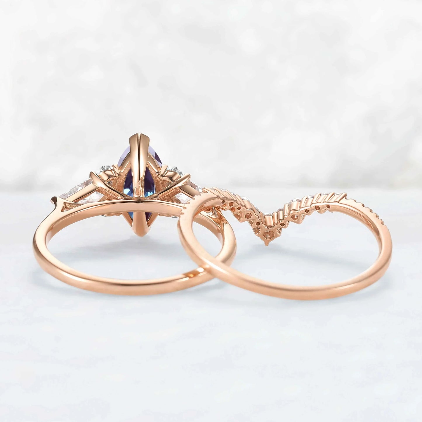 Unique Marquise Cut Alexandrite Cluster Engagement Ring Set 2pcs
