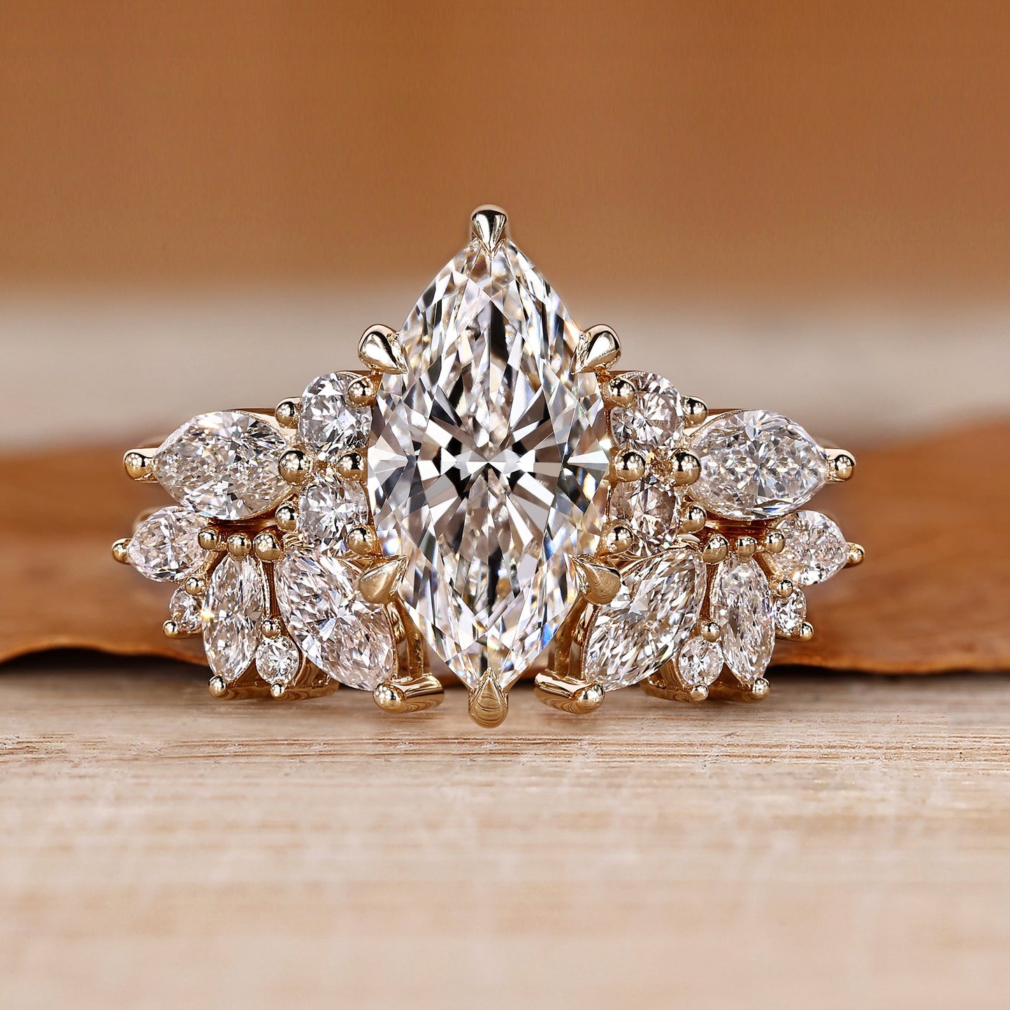 Marquise Wedding Ring with Side Stone in Tapered Shank