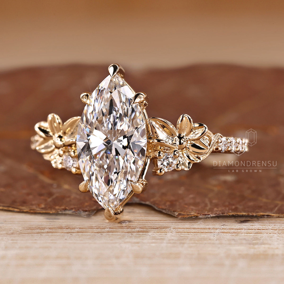 Nature Inspired Marquise Cut Engagement Ring with Flower Design