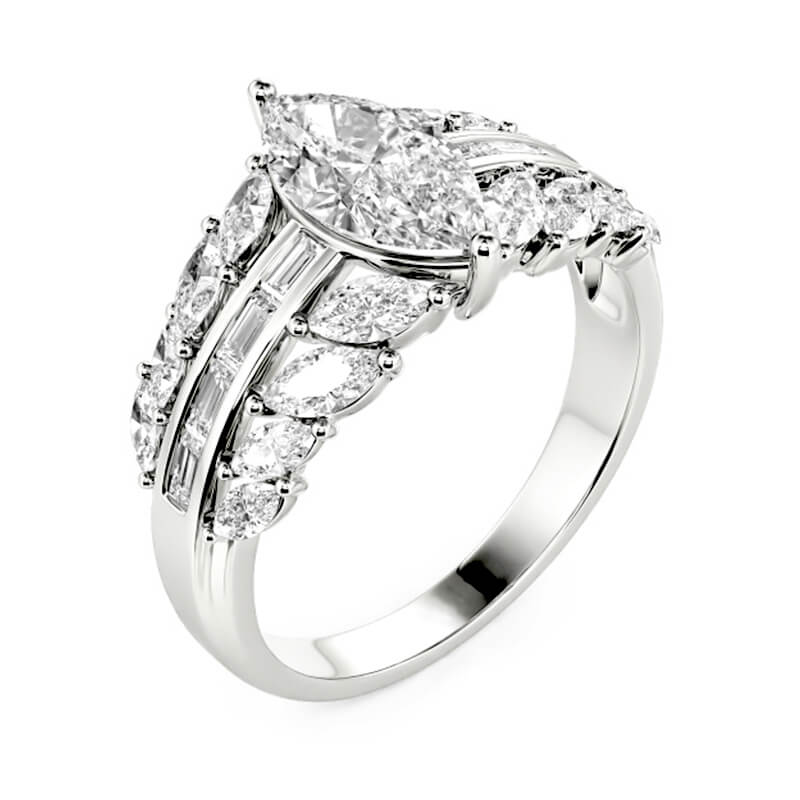 Marquise Cut Moissanite And Enhanced Side Stone Engagement Ring