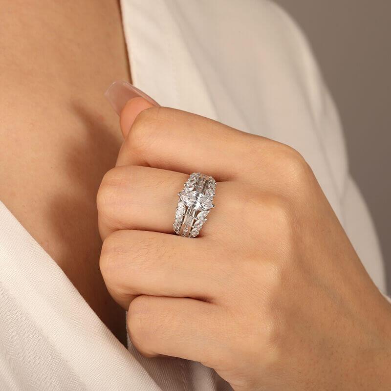 Marquise Cut Moissanite And Enhanced Side Stone Engagement Ring