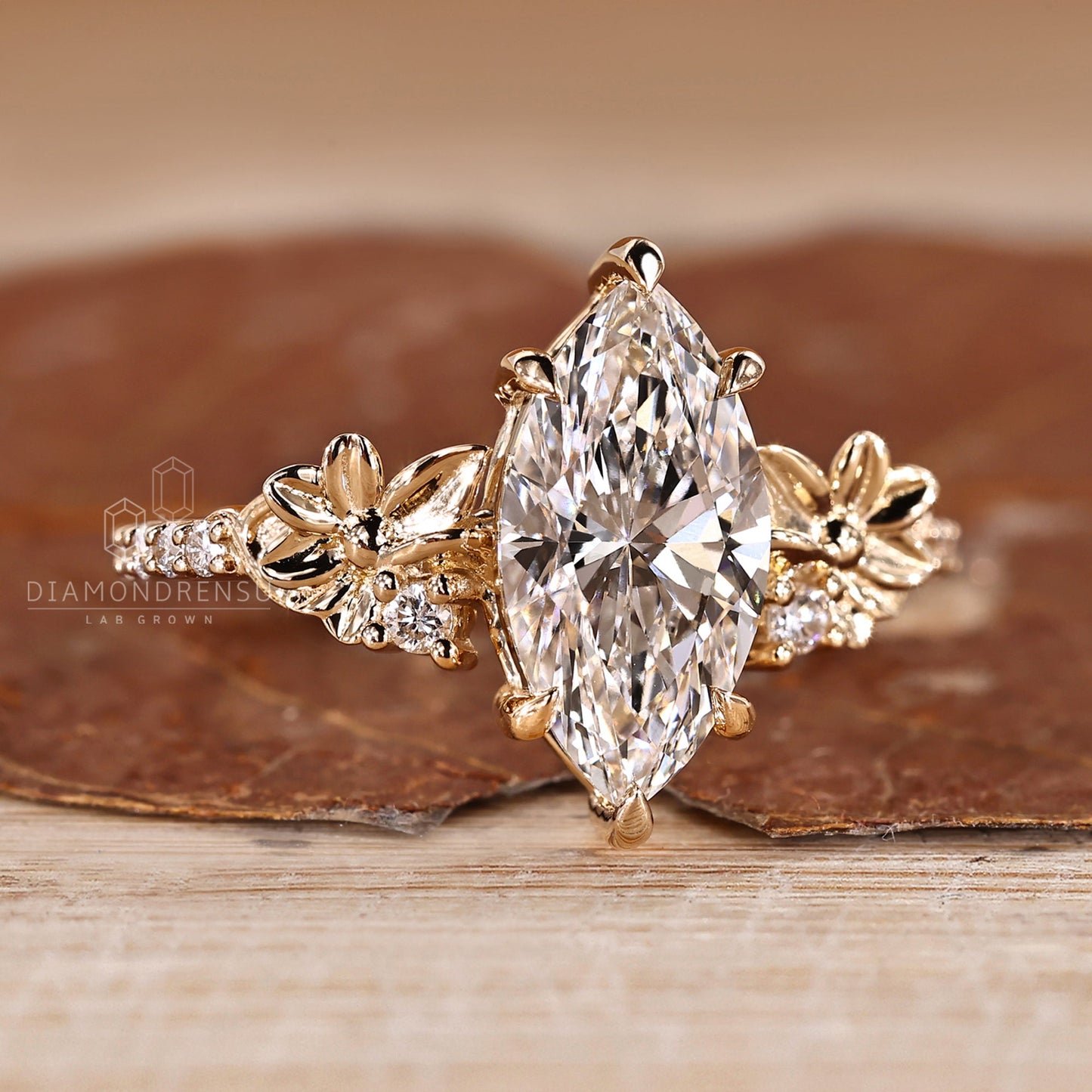 Nature Inspired Marquise Cut Engagement Ring with Flower Design