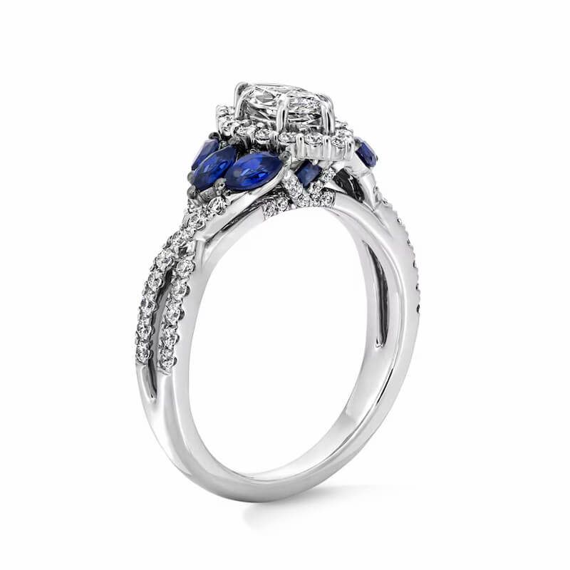 Halo Marquise Moissanite And Sapphire Tri-Sides Twisted Pave Engagement Ring