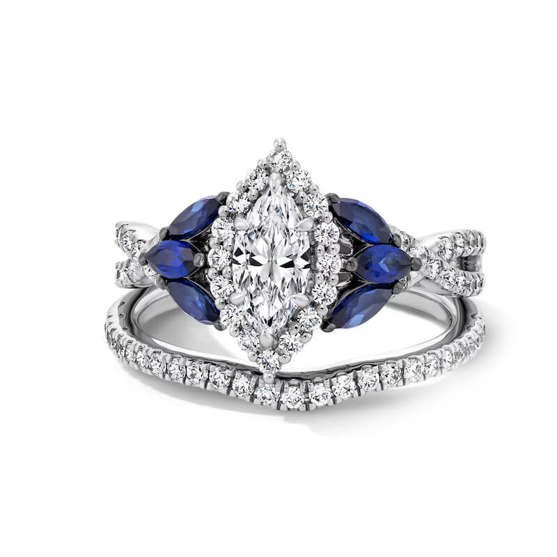 Halo Marquise Moissanite And Sapphire Tri-Sides Twisted Pave Engagement Ring