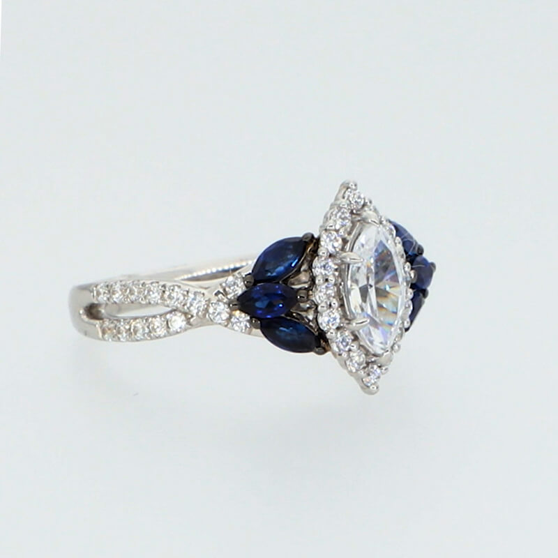 Halo Marquise Moissanite And Sapphire Tri-Sides Twisted Pave Engagement Ring