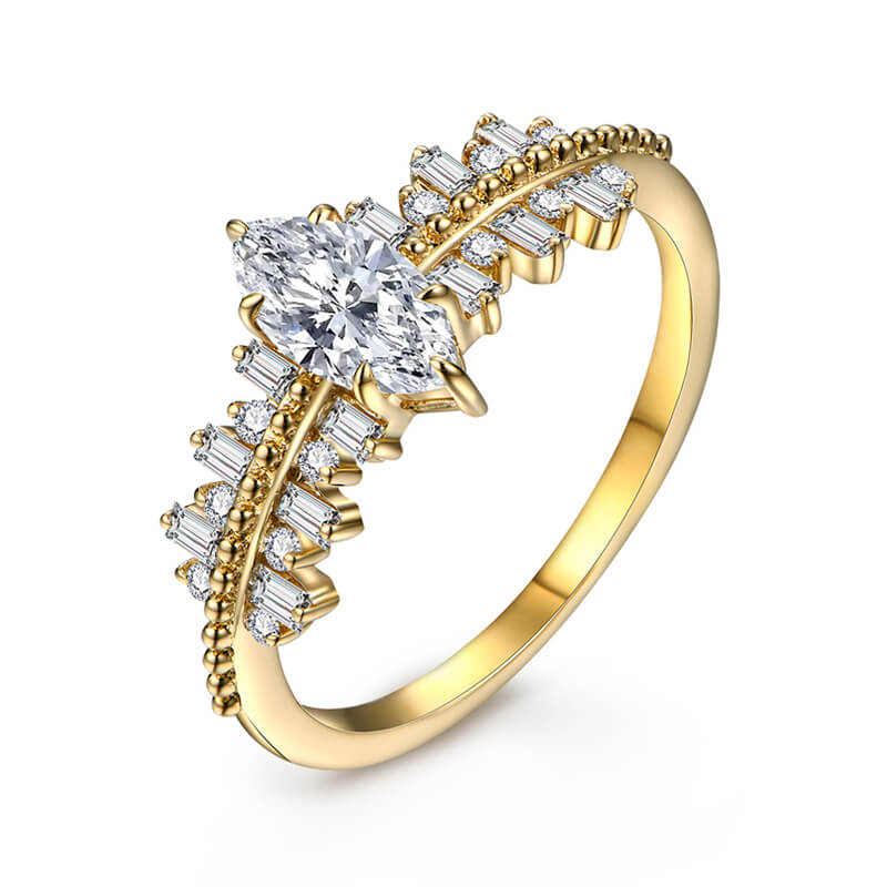 Marquise Moissanite Side Stone Bead Engagement Ring