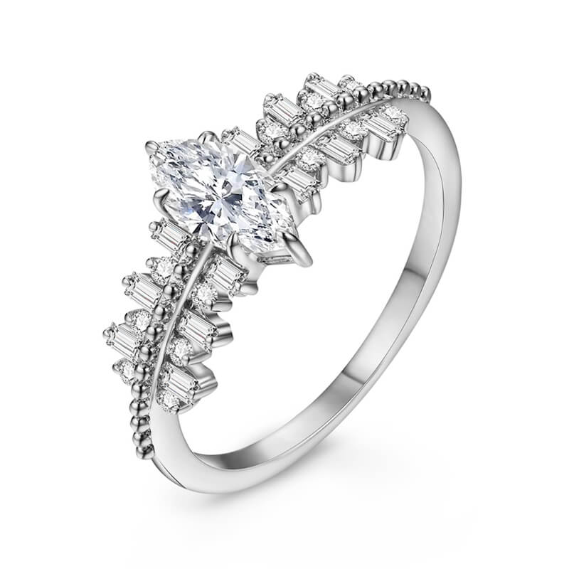 Marquise Moissanite Side Stone Bead Engagement Ring