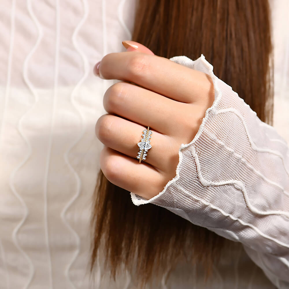 Marquise Moissanite Side Stone Bead Engagement Ring