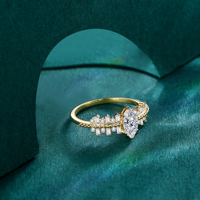 Marquise Moissanite Side Stone Bead Engagement Ring