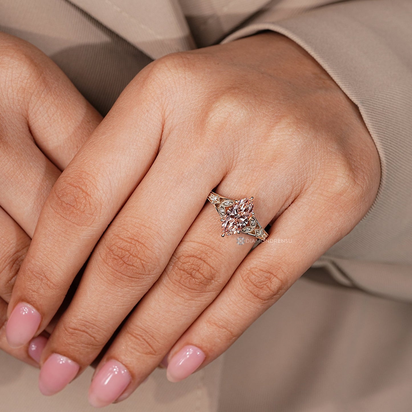 Pink Marquise Art Deco Ring with Round Side Stones and Milgrain Details