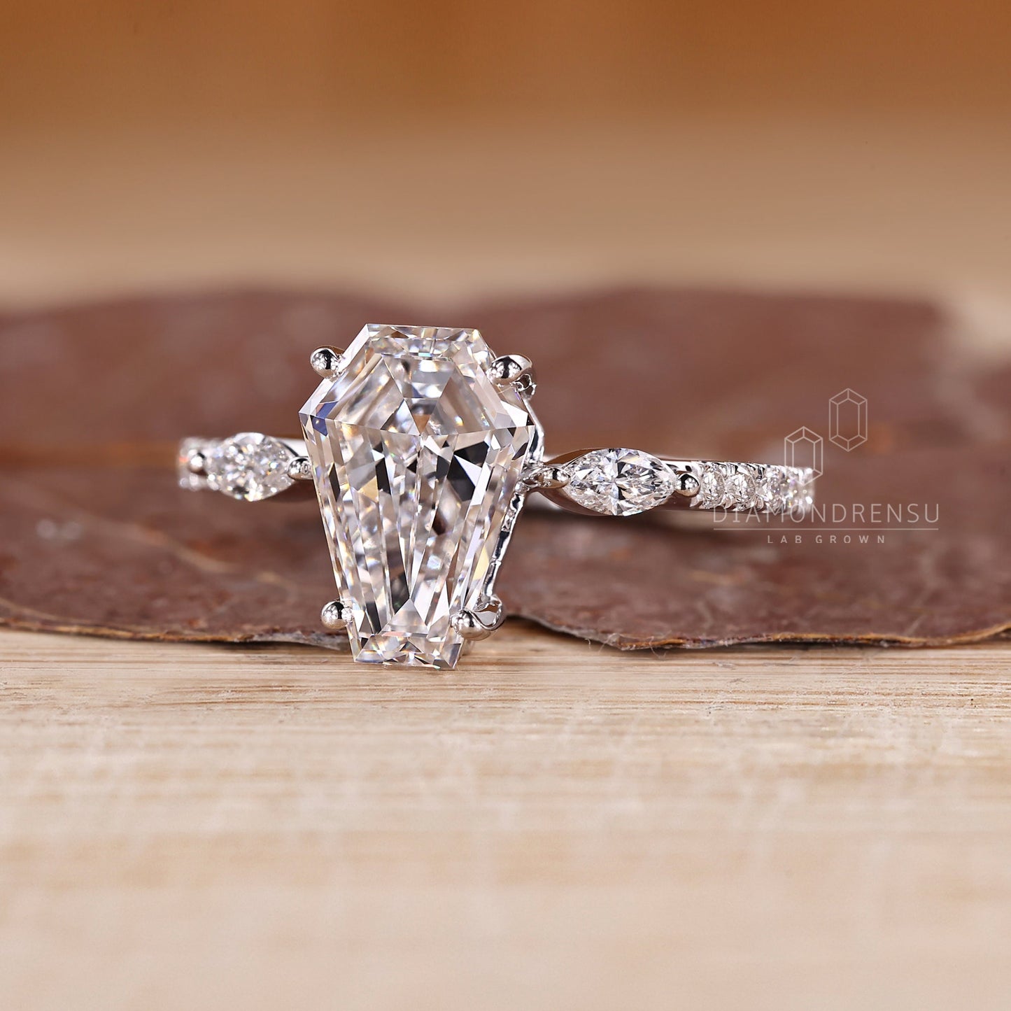 Coffin Shaped Diamond Ring with Marquise Side Stones