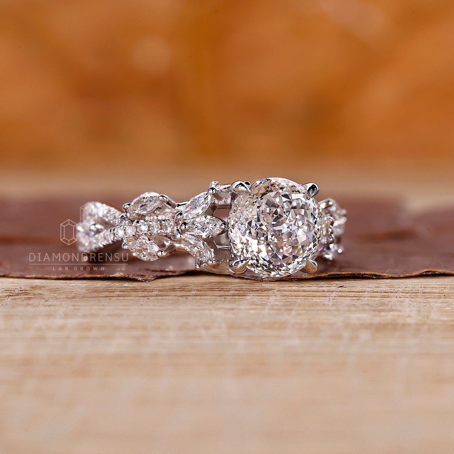 Vintage Style Portuguese Cut Diamond Ring with Twisted Pave Band