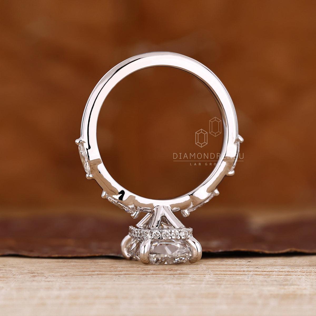 Elongated Cushion Cut Diamond Ring in Distance Pave Setting