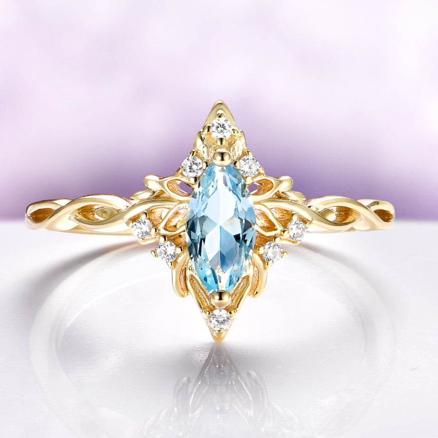 Siren Queen Marquise Aquamarine Lotus Engagement Ring in Solid 14K Yellow Gold
