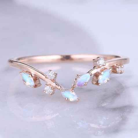 Marquise Cut Moonstone 14k Rose Gold Open Vine Stacking Ring