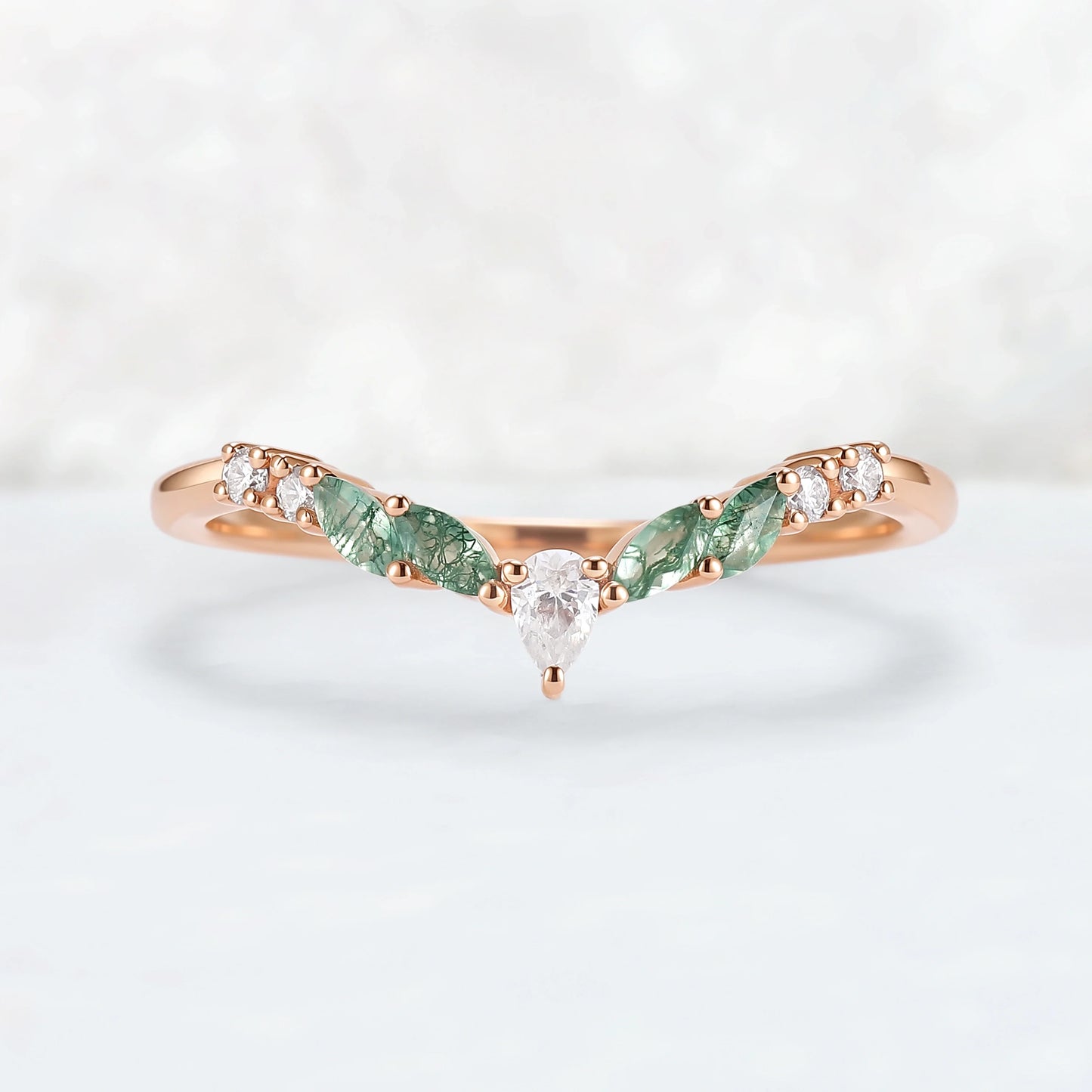 Curved Marquise Cut Moss Agate Rose Gold Wedding Band