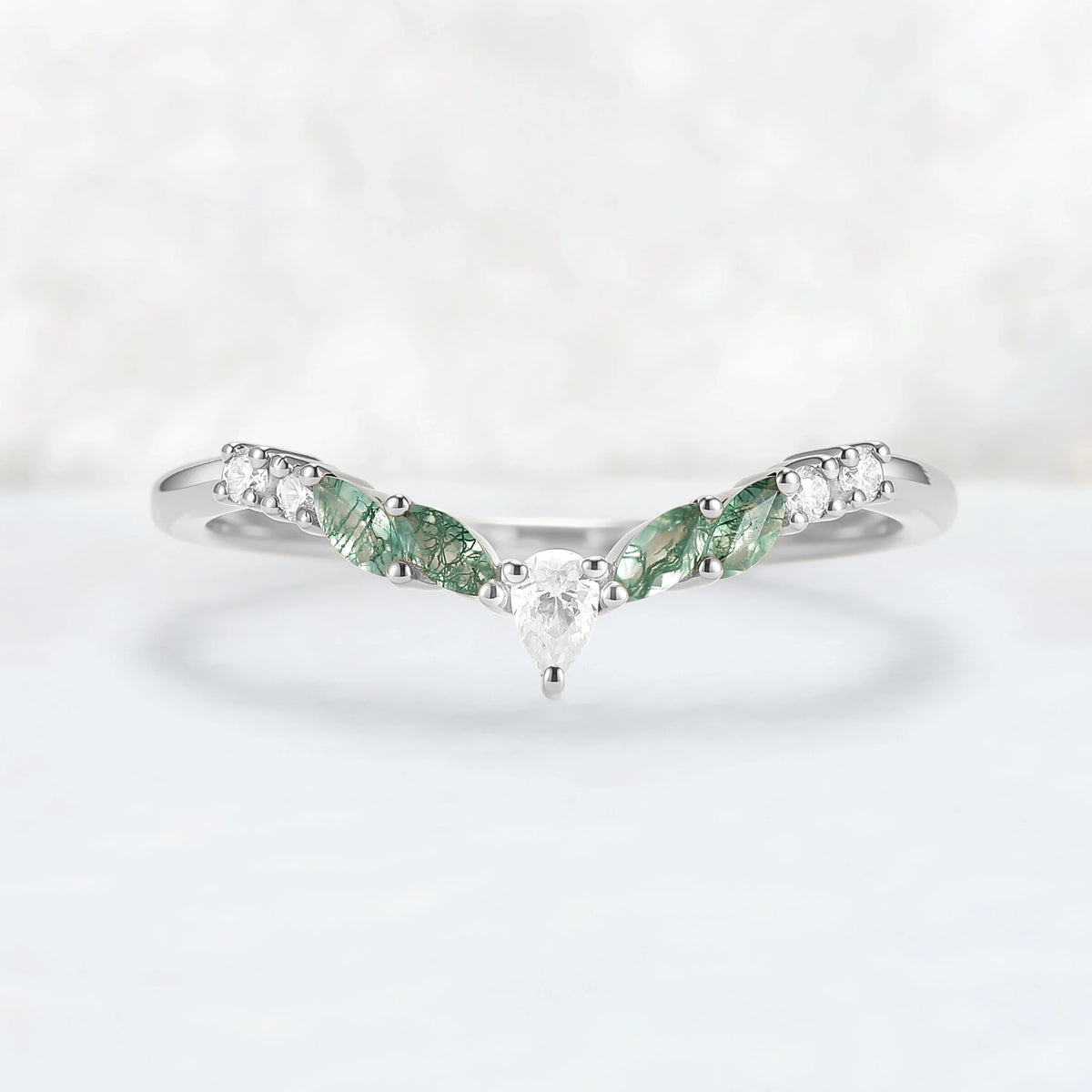 Curved Marquise Cut Moss Agate Rose Gold Wedding Band