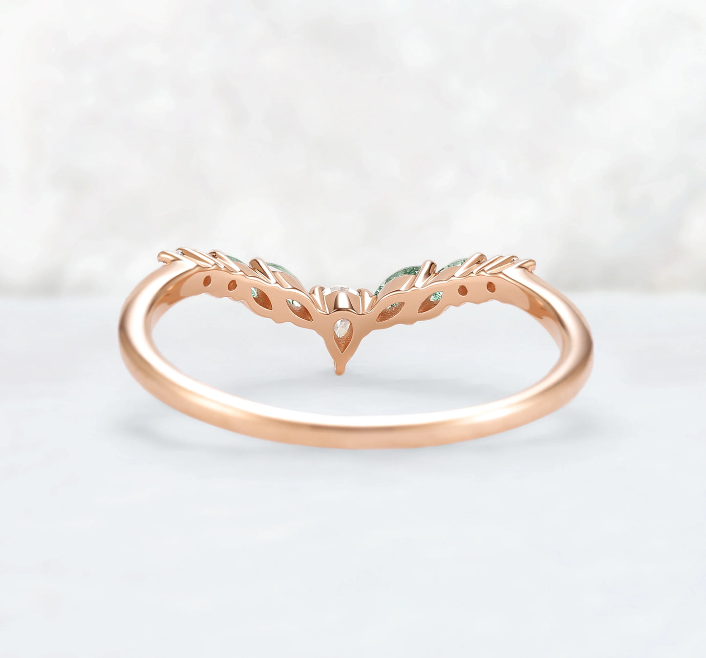 Curved Marquise Cut Moss Agate Rose Gold Wedding Band