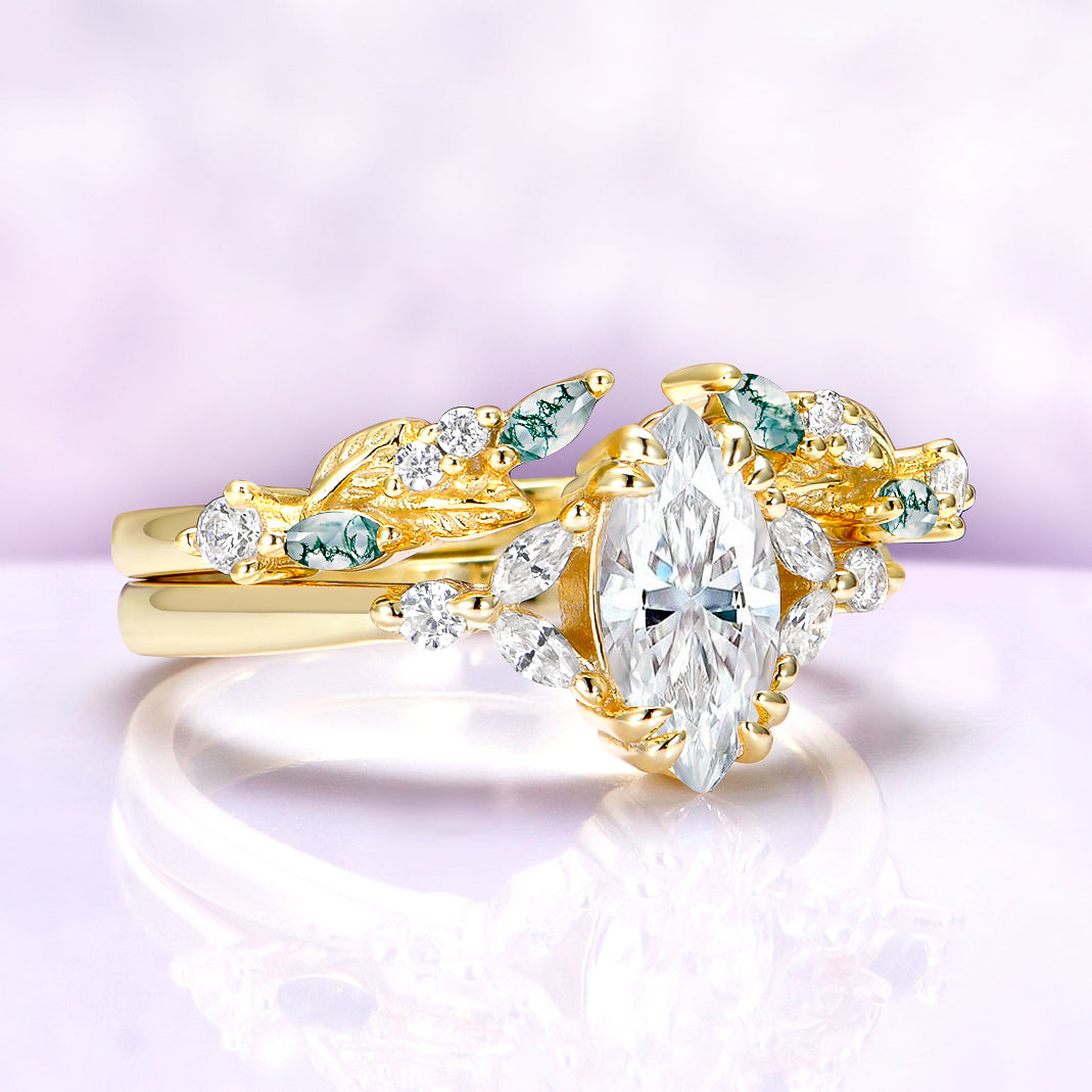 Marquise Lab Diamond & Moss Agate Leaf Engagement Ring Set Ring Set in Solid 14K Yellow Gold (IGI Certified)
