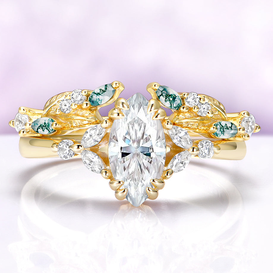 Marquise Lab Diamond & Moss Agate Leaf Engagement Ring Set Ring Set in Solid 14K Yellow Gold (IGI Certified)