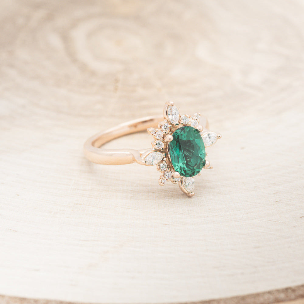 "Azalea" - Oval Lab-Grown Emerald Engagement Ring With Diamond Halo