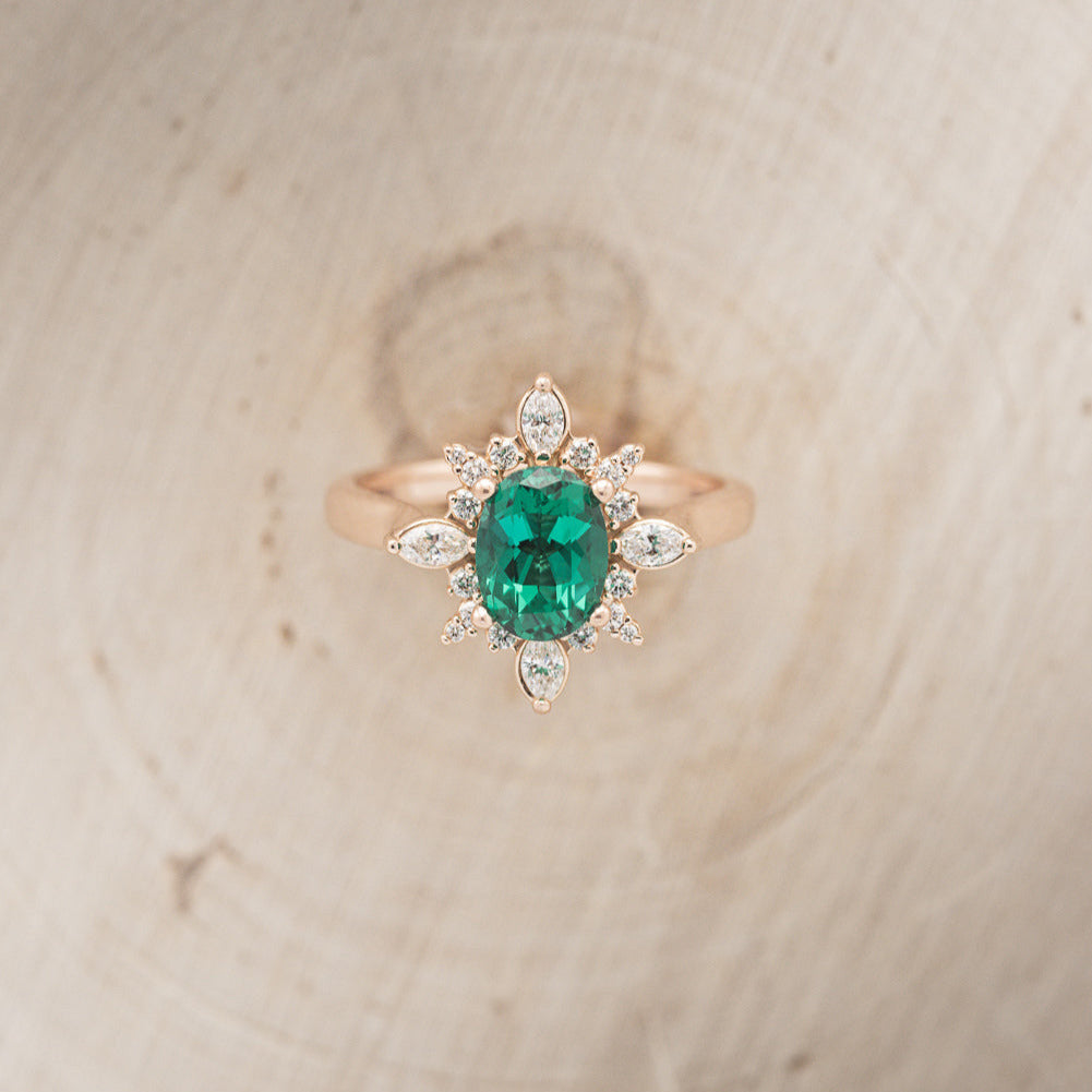 "Azalea" - Oval Lab-Grown Emerald Engagement Ring With Diamond Halo