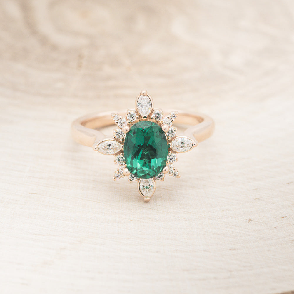 "Azalea" - Oval Lab-Grown Emerald Engagement Ring With Diamond Halo