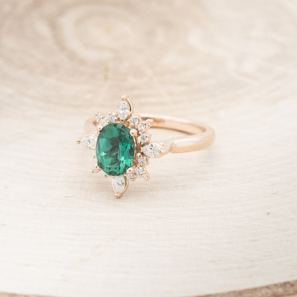 "Azalea" - Oval Lab-Grown Emerald Engagement Ring With Diamond Halo