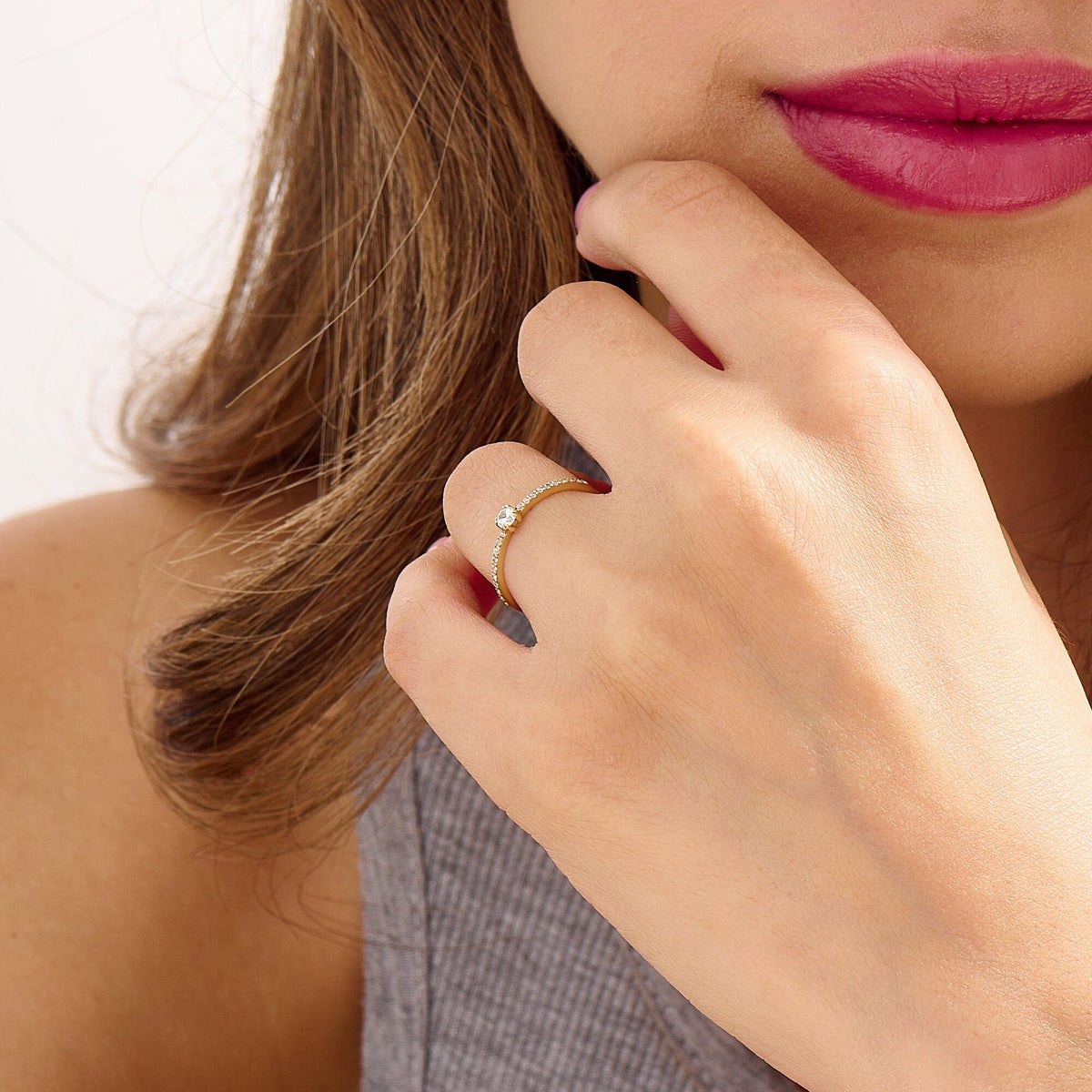 14k Solid Gold Diamond Engagement Ring | 0.3ctw Minimalist Solitaire Half Eternity Band | Promise Gift for Her Birthday