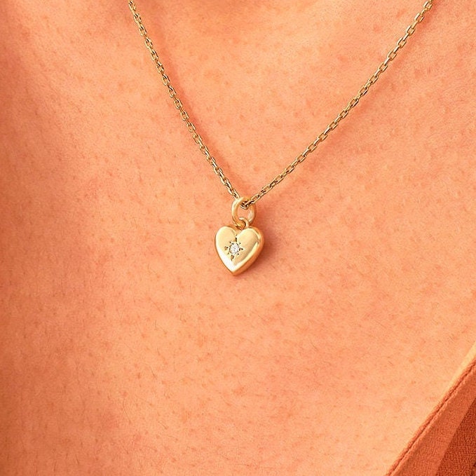14K Solid Gold Diamond Heart Pendant Necklace – Dainty Minimalist Jewelry | Handmade Everyday Stackable Gift for Her