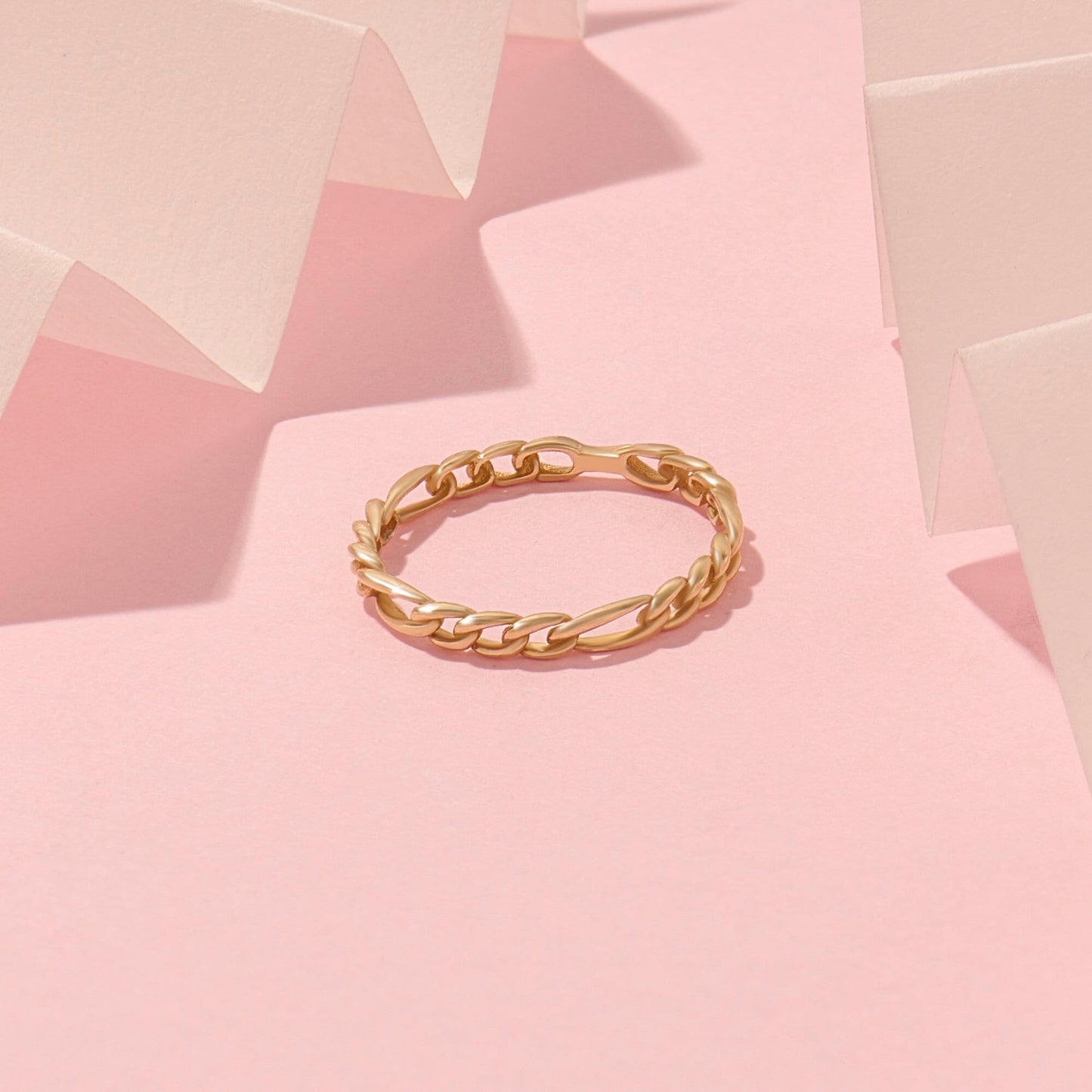 14k Solid Gold Figaro Chain Ring – Dainty Cuban Link Band, Minimalist Stacking Ring