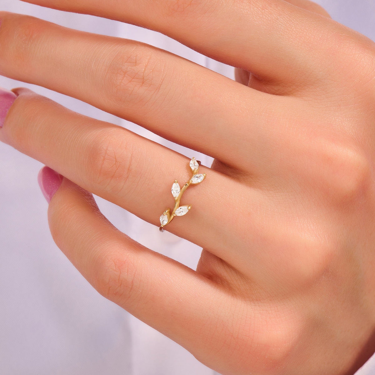 Marquise Diamond Leaf Ring – 14k Solid Gold Vine Floral Band | Nature-Inspired Stackable Wedding Ring for Women