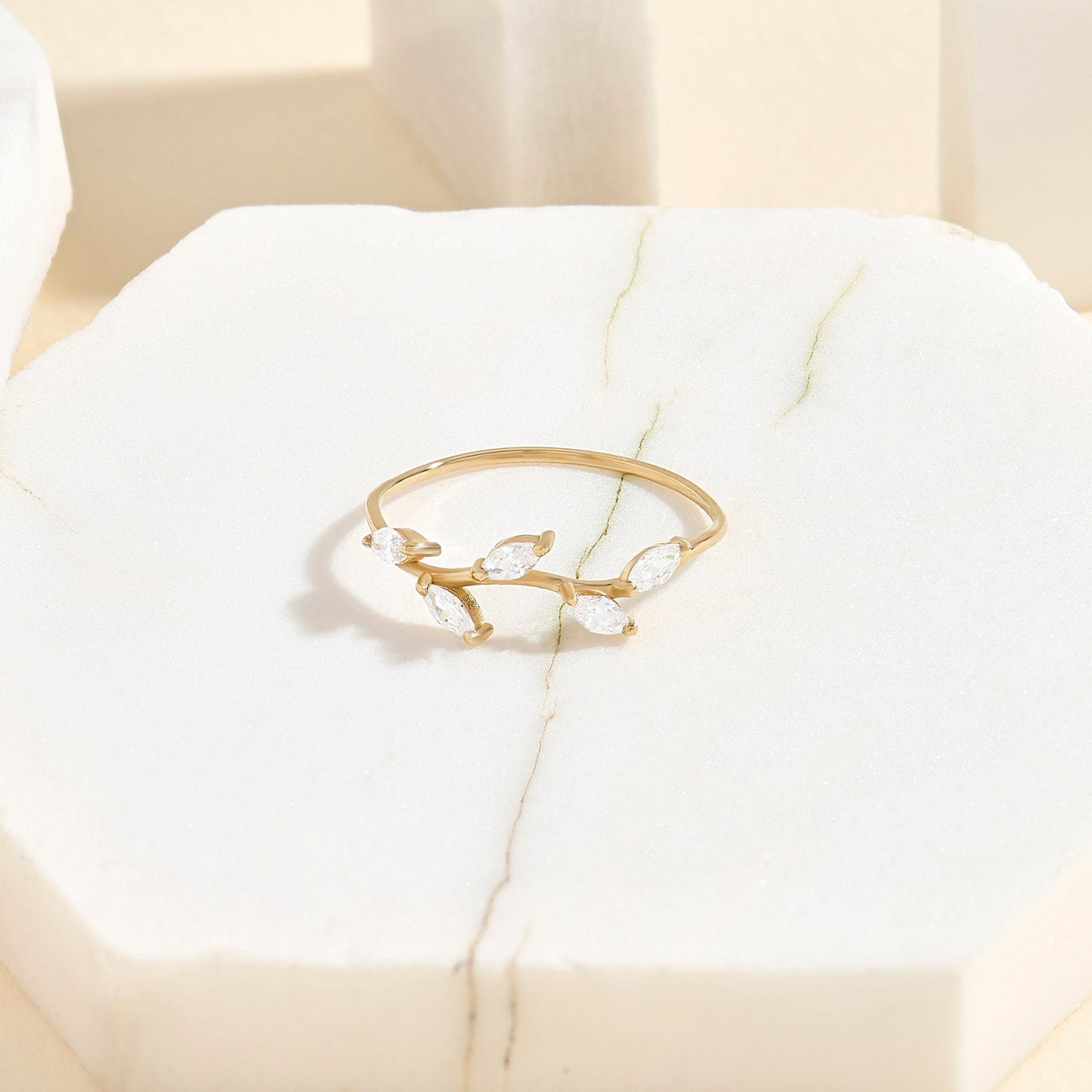 Marquise Diamond Leaf Ring – 14k Solid Gold Vine Floral Band | Nature-Inspired Stackable Wedding Ring for Women