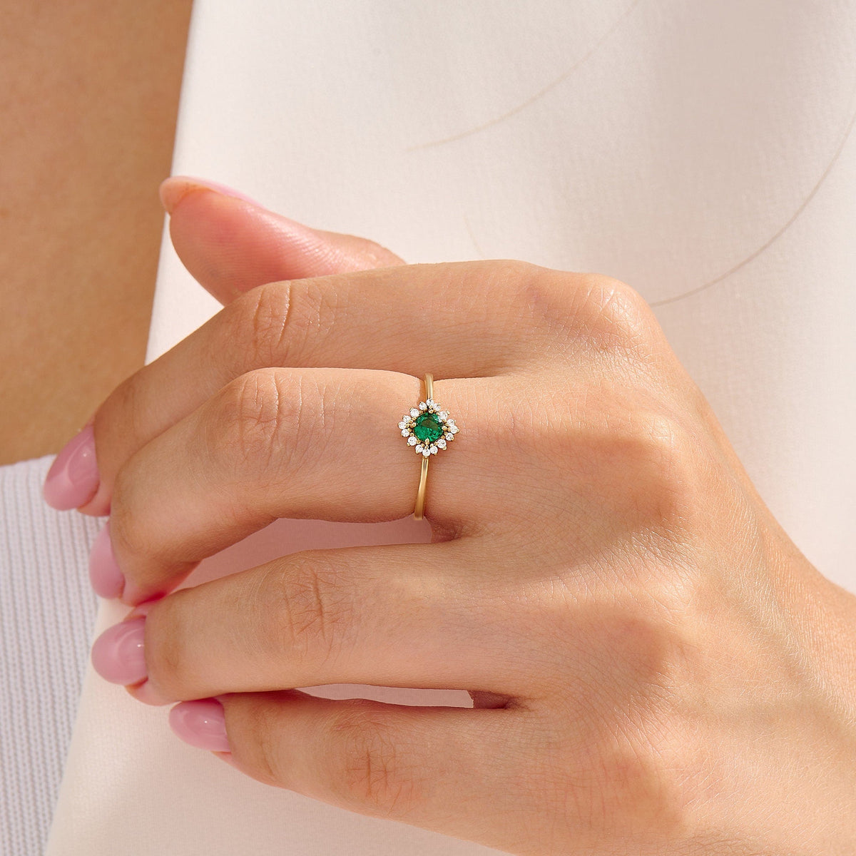 14k Solid Gold Emerald Diamond Halo Ring | Dainty Green Flower Solitaire Ring | Tiny Promise Ring for Women