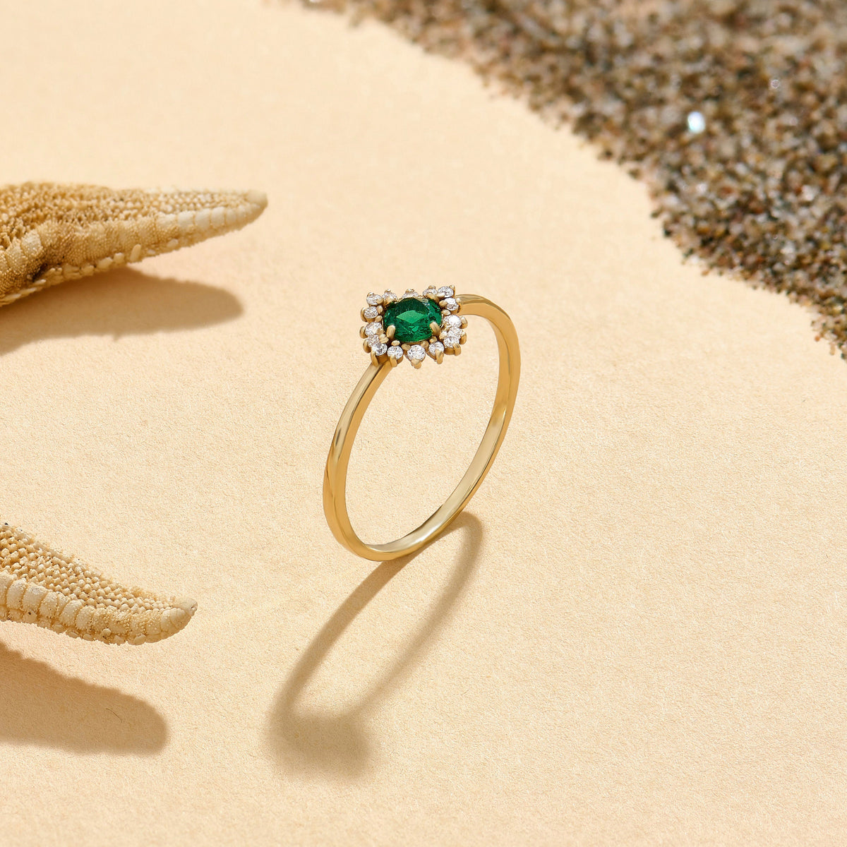 14k Solid Gold Emerald Diamond Halo Ring | Dainty Green Flower Solitaire Ring | Tiny Promise Ring for Women