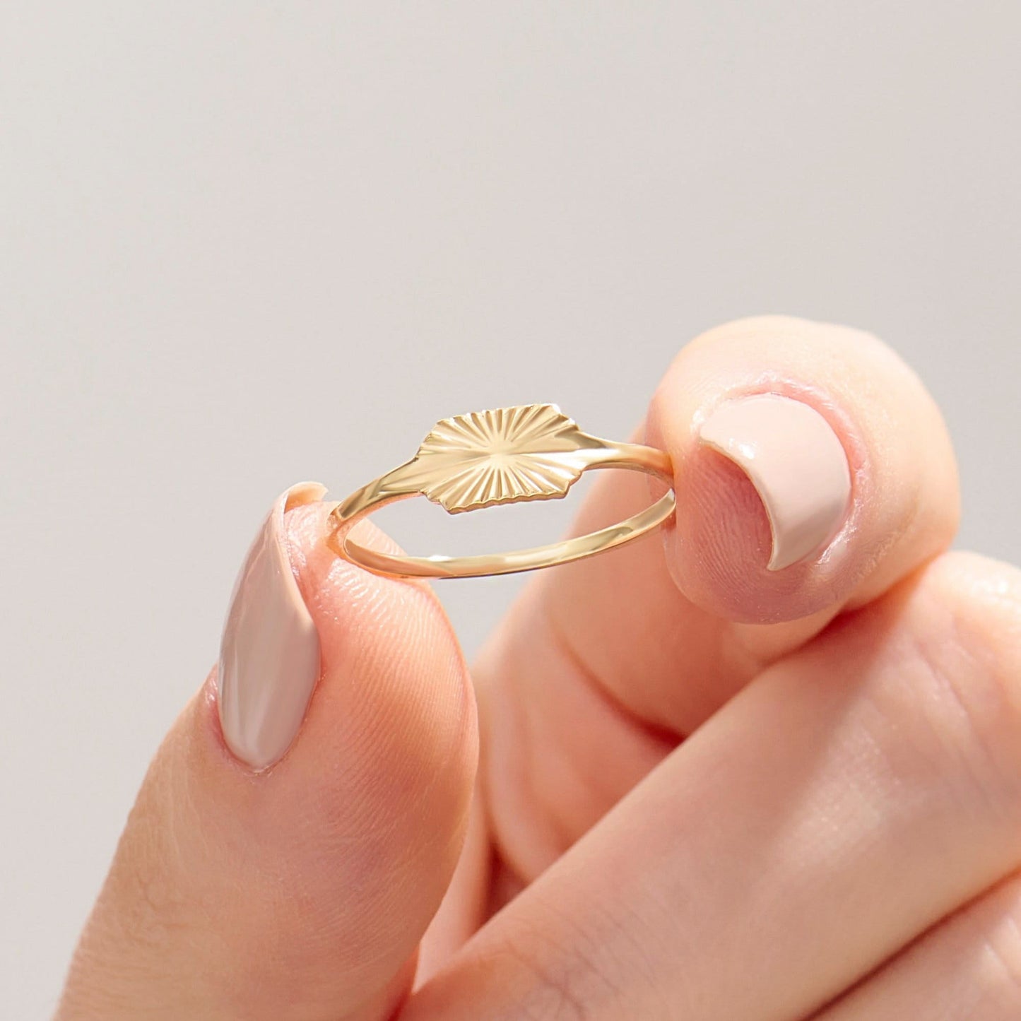 Sun Engraved 14k Real Gold Signet Ring – Dainty Slim Pinky Band | Celestial Stacking Jewelry Gift for Women