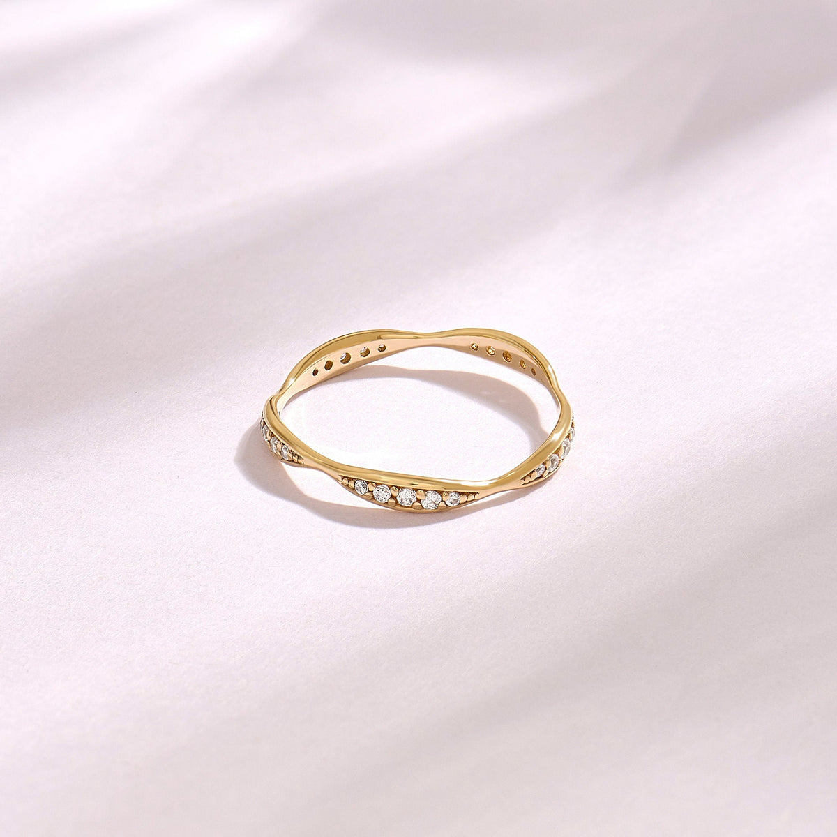 14K Solid Gold Diamond Wave Band – Pave Eternity Ring | Minimalist Wedding Band & Stackable Engagement Stacker