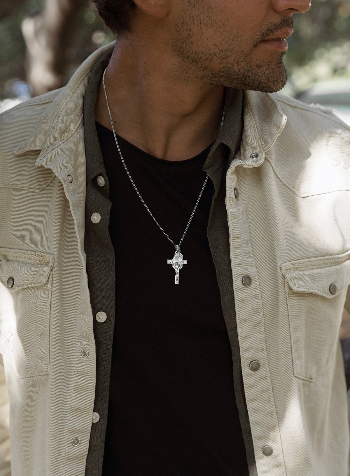 Sterling Silver Cross + Mary Medal Necklace for Men.